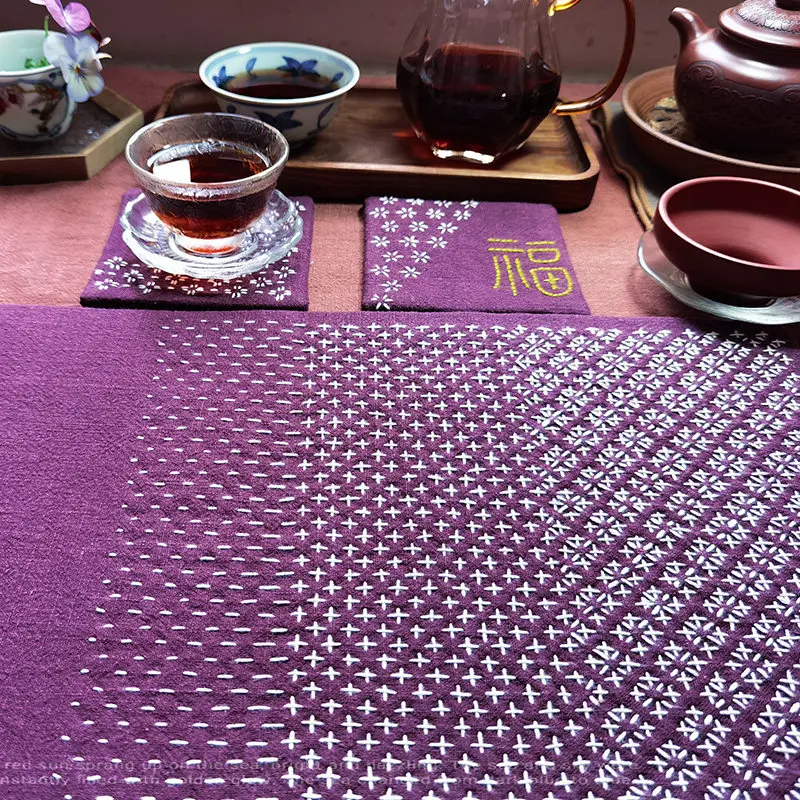 

Sashiko Coaster Kit DIY Hand Embroidery Supplies, Heat Insulation Mat Preprinted Cotton Fabric for Beginners Self Stitching Tea