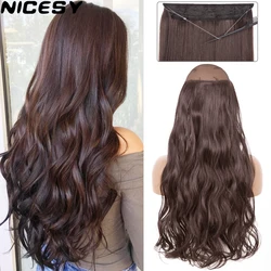 No Clips In Long Wavy Hair Extension Invisible Wire Hidden Fish Line False Hair Piece Synthetic Natural Black Blonde 16”22”32”