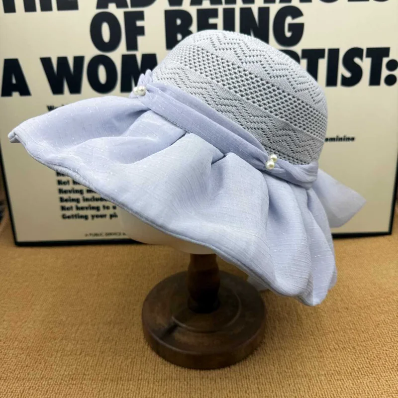 Women Hepburn Style Pearl Wide Brim Sun Hat Knitted Splice UV Protection Face Slim Summer Fashion Shade Cap