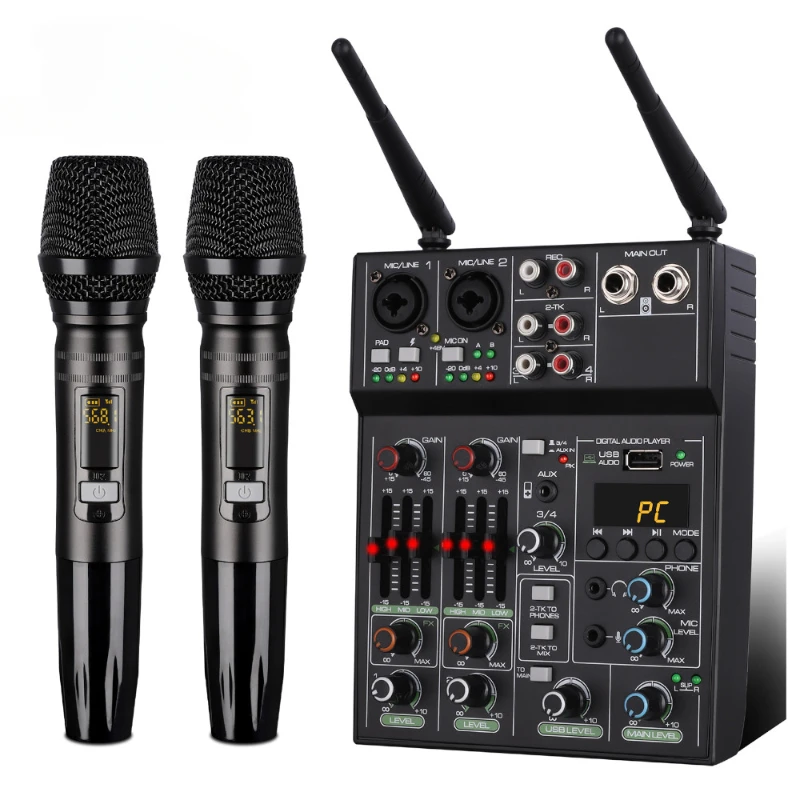 

4 Channel Audio Mixer Professional UHF Wireless Microphone Stage Performance Karaoke Sound Mixer 48V Phantom 2024 Hot Sale Mini