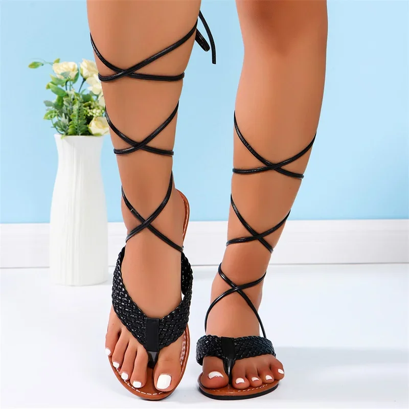 Shoes for Women 2024 Summer Fashion Open Toe FlatSandalsSexySolidColor Lace Up Beach Sandals ForWomen Zapatillas De Mujer