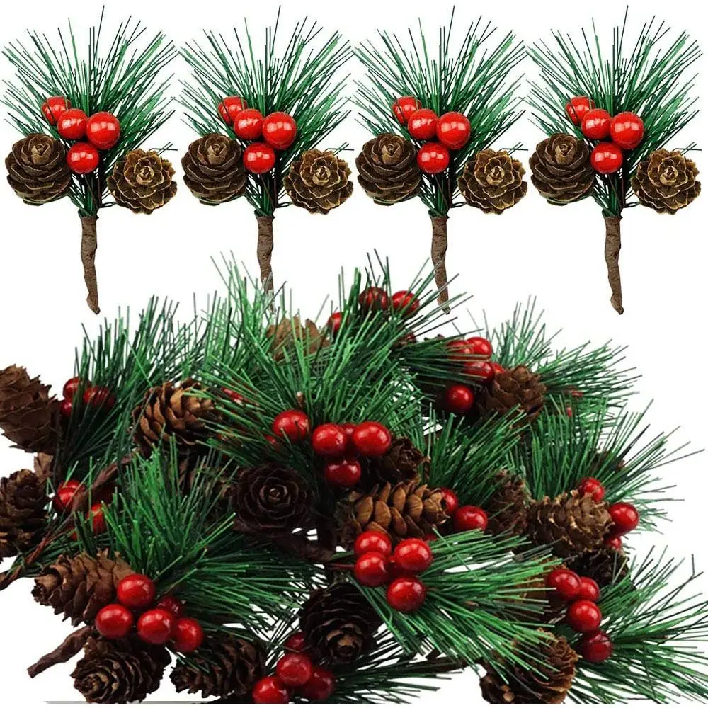 10pc Mini Artificial Pine Needles Christmas Pine Cone Bell Pine Cone Artificial Pine Artificial Flower Holly Branch Xmas Decor