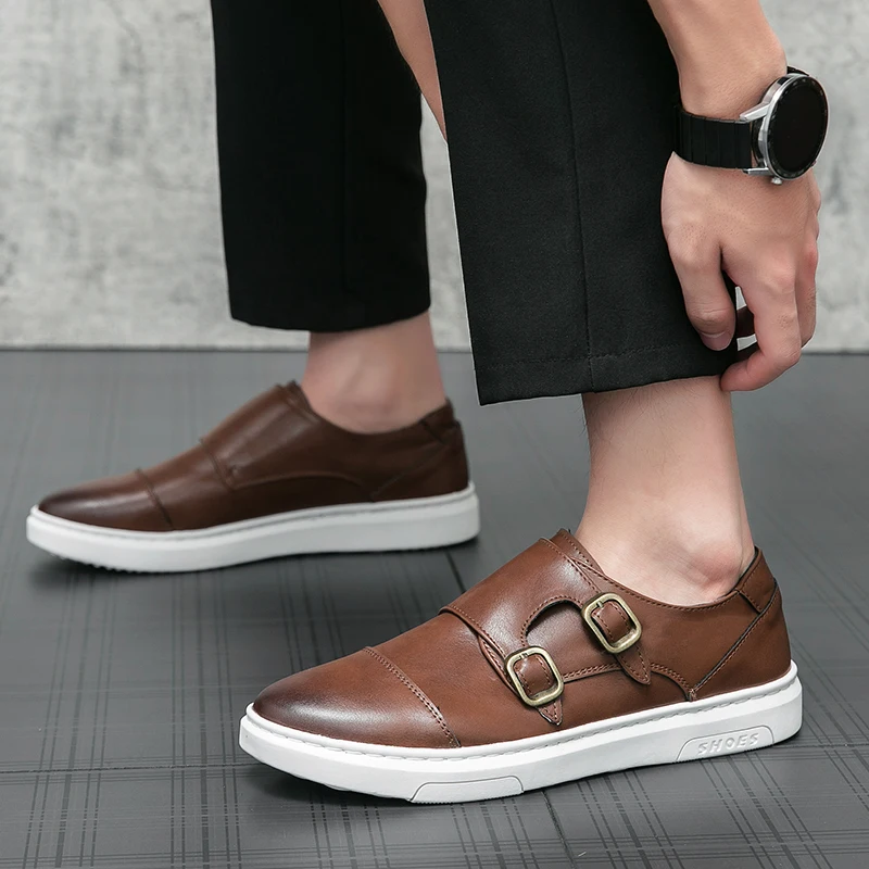 Spring Double Buckle Leather Mens Loafers Shoes Designer Men Casual Handmade Formal Slip on Male Boat Shoes Zapatillas Hombre