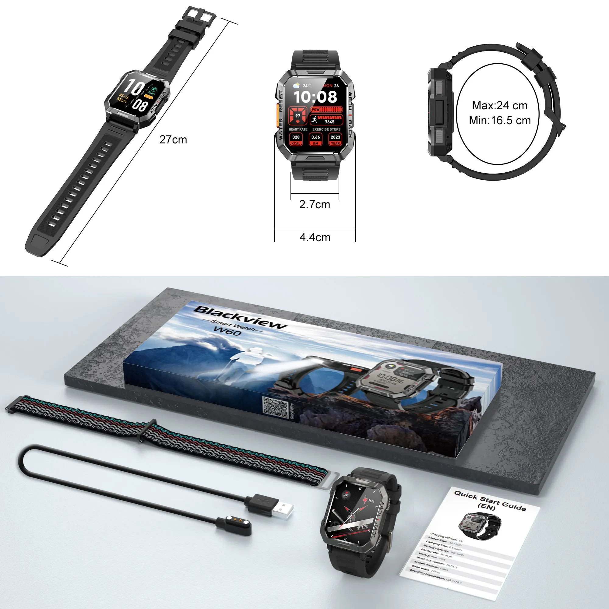 ساعة ذكية Blackview مقاومة للماء للاستخدام الخارجي مع ضوء الطوارئ وبطارية 900 مللي أمبير في الساعة وشاشة 2.01 بوصة عالية الدقة وساعات بلوتوث للرجال والنساء