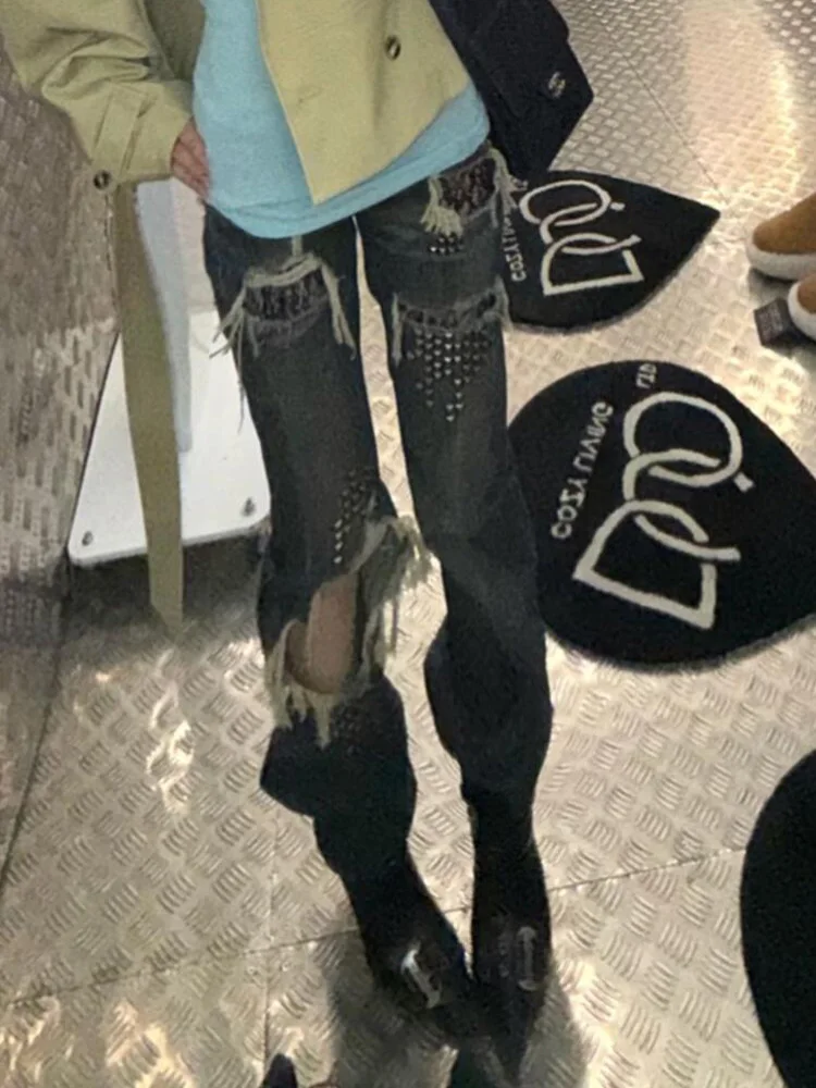 

American Style Design Sense Rivet Splicing Jeans Women Summer Vintage Ripped Loose Floor-Length Pants High Waist Zipper Closure