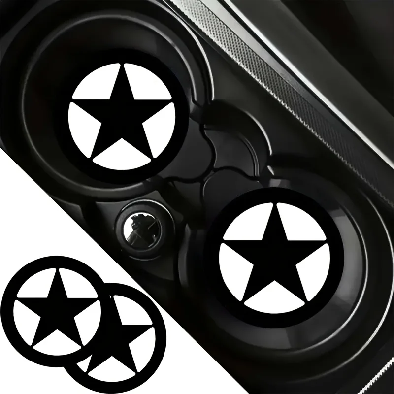 Suitable Gift For All 4 Seasons. 2pcs Black And White Five-Pointed Star Pattern Car Cup Holder Coaster - Waterproof, Easy To Car
