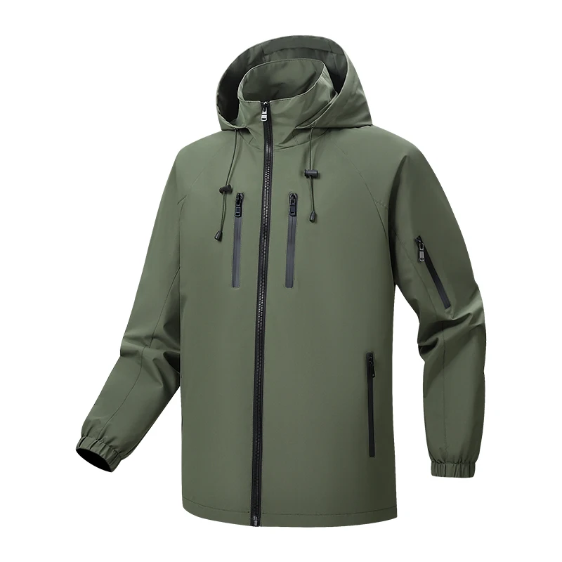 Spring Men's Charge Jacket Outdoor Windproof Waterproof Hooded Fishing Coat Solid Color Wear-Resistant Work Jacket Windbreaker