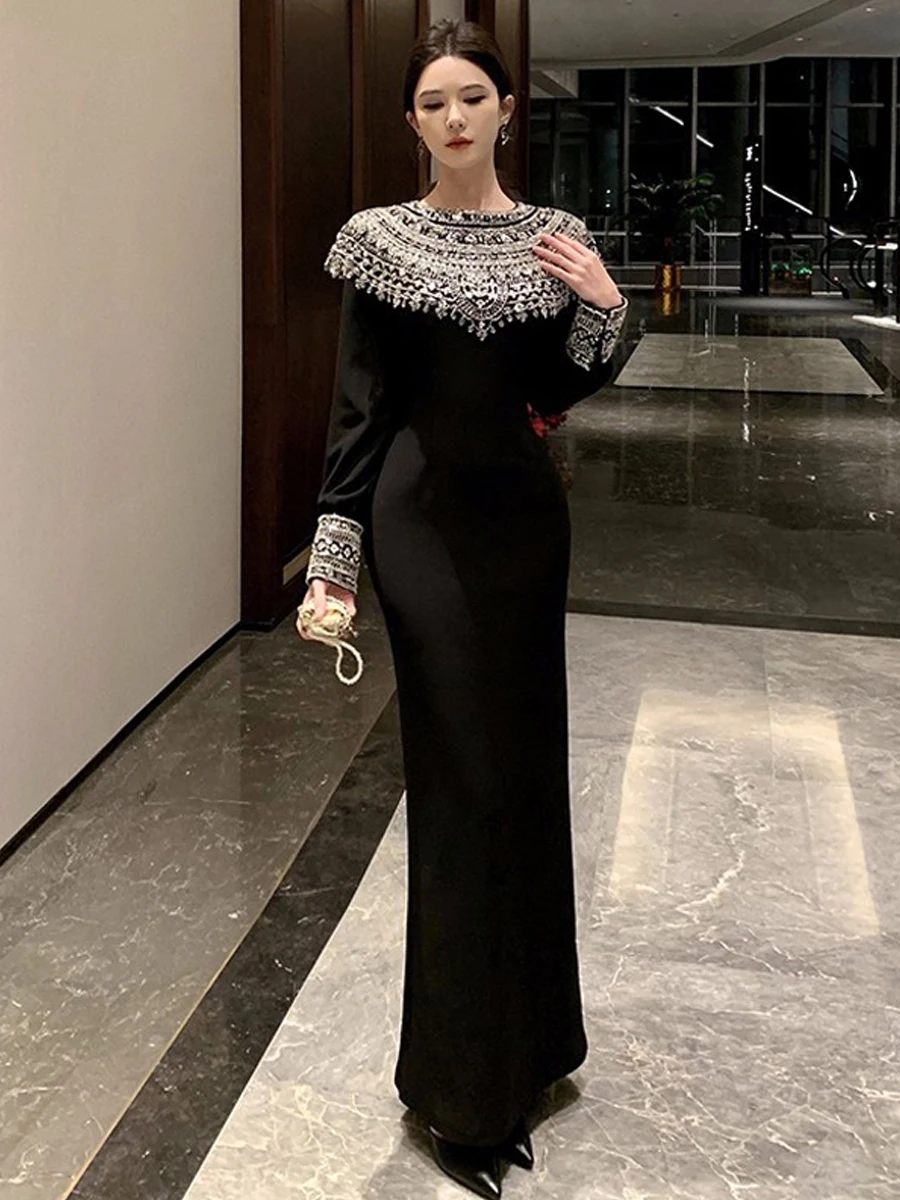 

Ele Bla Long Sve Embroidered Dr Sexy Ba Split Design Heavy Work Ethnic Sle Long Dr for Par And Wedding