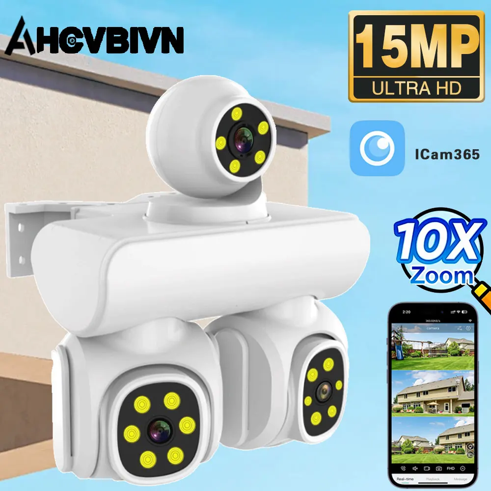 

Камера видеонаблюдения с 10-кратным зумом, 15 МП HD, 3 объектива, Wi-Fi, PTZ, AI-трекинг, мониторинг, камеры безопасности