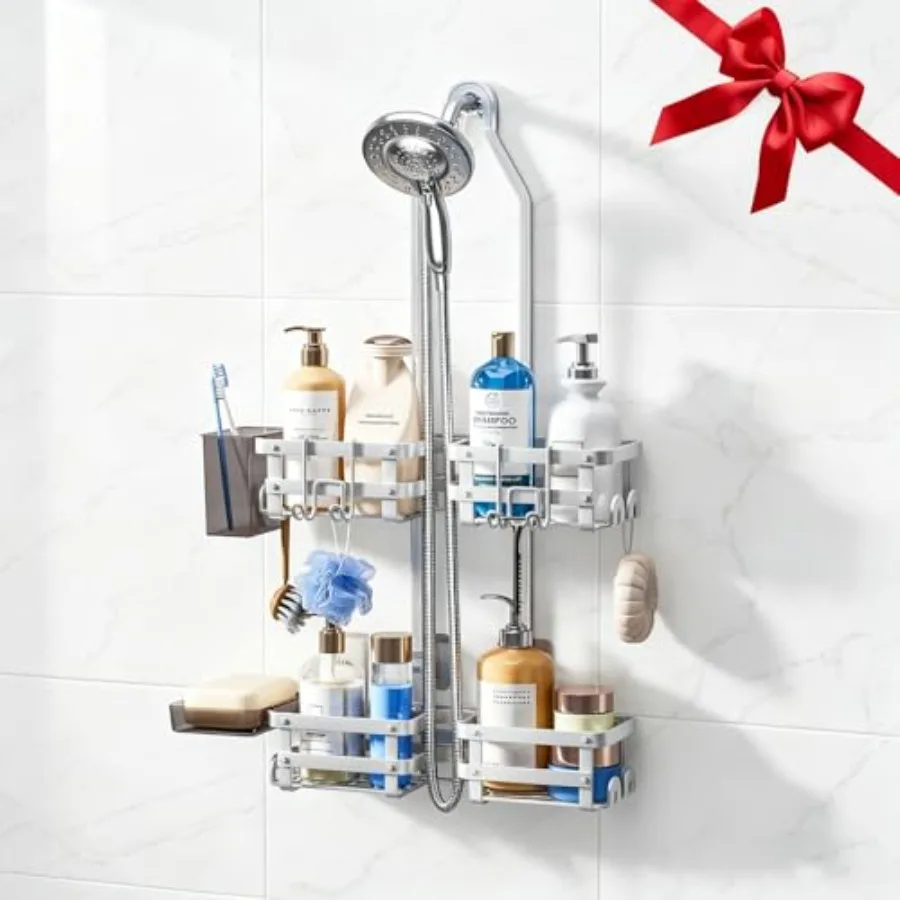 

Алюминиевая подвесная полка для душа, не ржавеет, органайзер для душа - 4 уровня, регулируемая высота, 10 крючков для бритвы/губки - полка с крючками
