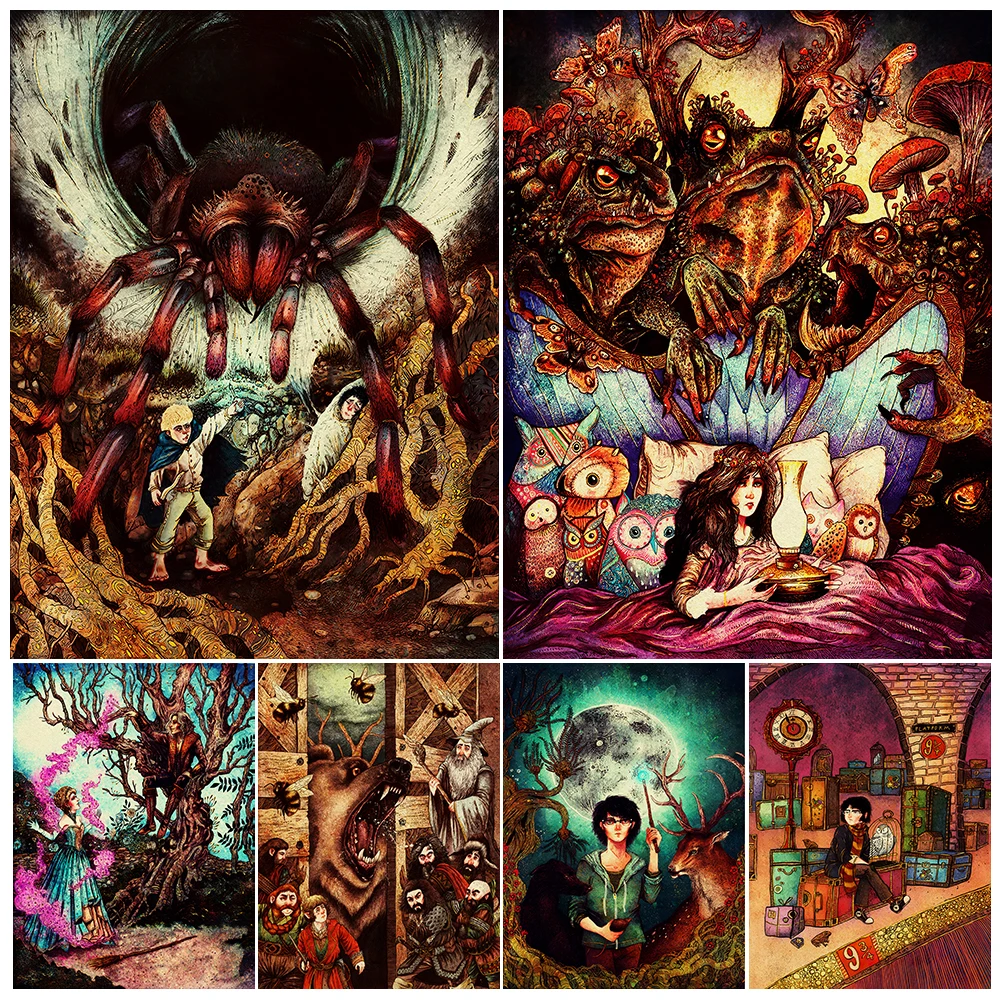 

Magical Creatures In The Mysterious Dark Forest Vintage Wall Art Canvas Painting A World Of Witchcraft&Magic Art Poster Print