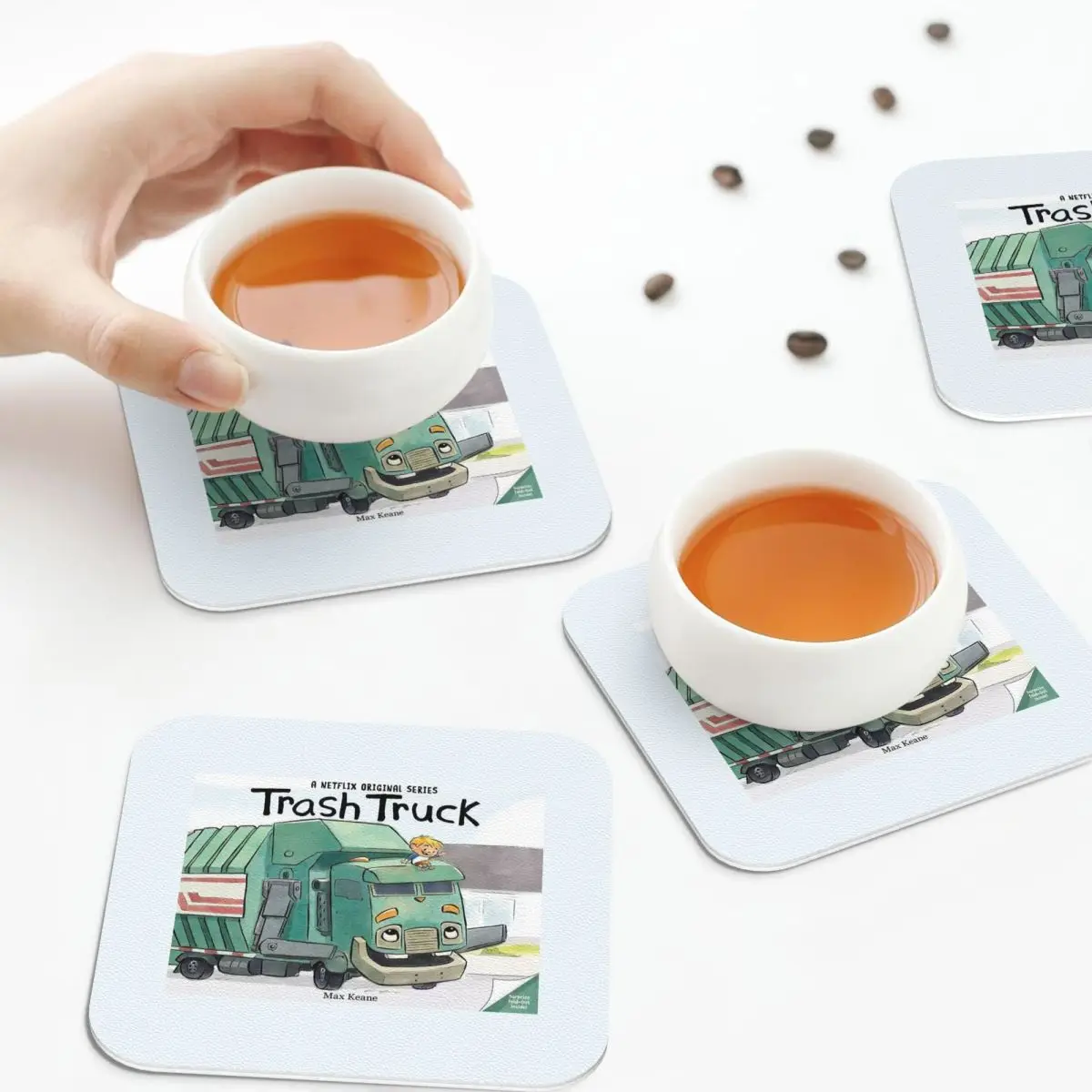 Trash Truck Cartoon Netflix Coasters PVC Leather Placemats Waterproof Coffee Mats for Decor Home Kitchen Dining Pads Set of 6