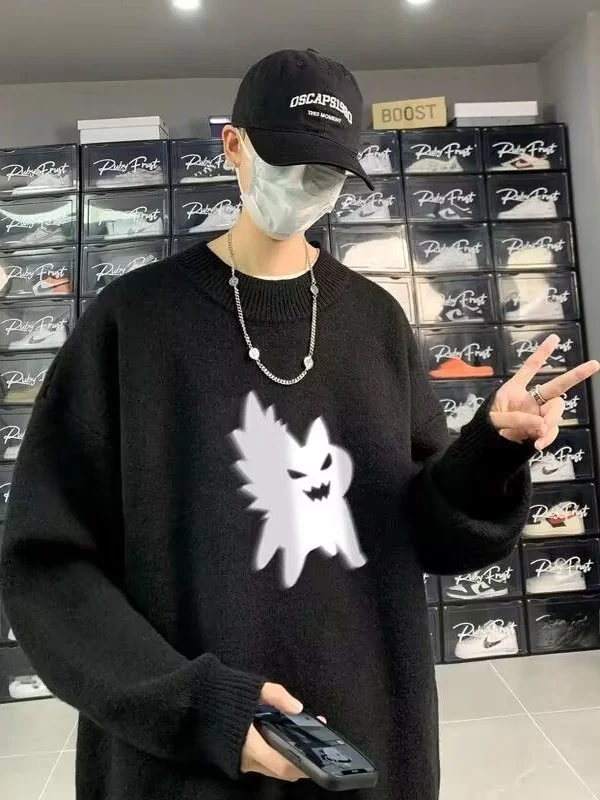 

Мужской вязаный свитер больших размеров в стиле ретро с круглым вырезом и мультяшным рисунком, теплый зимний повседневный модный мягкий полиэстеровый топ с длинными рукавами