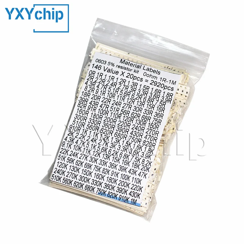 2920-7300Pcs/set SMD 0603 0805 1206 5% Resistors Kit 0R Ohm 1R Ohm-1M Ohm Sample Assorted Kit SMD Chip Resistance 146 Values Kit