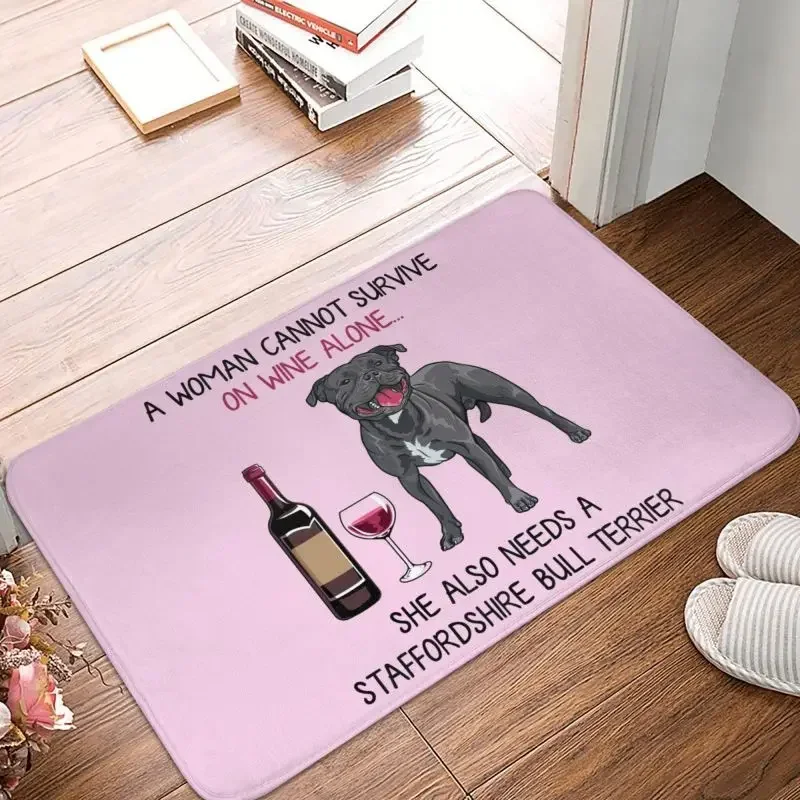 Staffordshire Bull Terrier And Wine Funny Dog Doormat Anti-Slip Entrance Kitchen Bath Floor Door Mats Pet Puppy Lover Carpet Rug