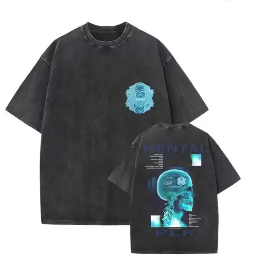 Rapper MENTAL PLK Album Merch Oversized T Shirt Men's Vintage Washed Short Sleeve Hip Hop Tee Shirt Homme Y2K Clothes