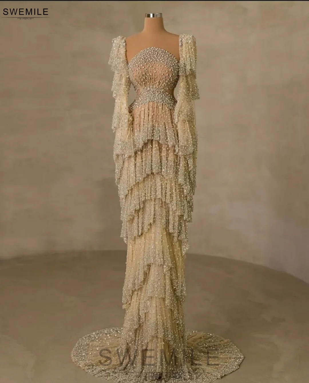 

SWEMILE Luxury Diamond Evening Dresses Hand-sewn Full Crystal Long Sleeve Layered Empire Prom Dress Saudi Mermaid فساتين سهرات