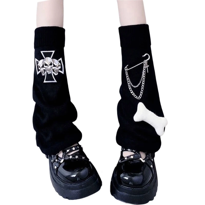 Harajuku Punk Striped Knitted Leg Warmers Japanese Women Gothic Skull Crosses Long Socks Leggings Boot Cuffs Foot Covers