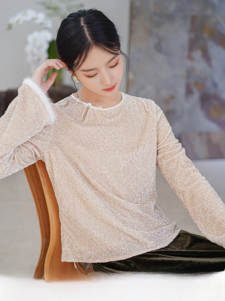 

Original Artistic Heavy Embroidered Silk Velvet Base Layer Top for Women Commute Sle round Ne Long Sve Color