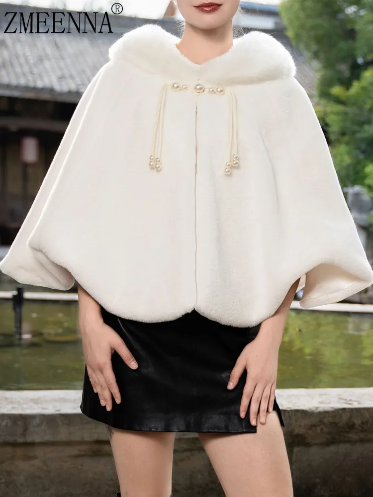 

ZMEENNA Women's Winter White Faux Fur Cape Poncho Elegant Plush Warm Short Shawl With Pearl Button Closure ZM3730