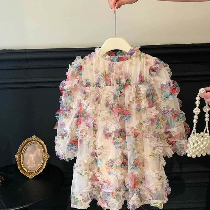 

HoneyCherry New Spring Dress for Girls. A Stylish Princess Dress with Puff Sleeves and Three-dimensional Fairy Flower Designs