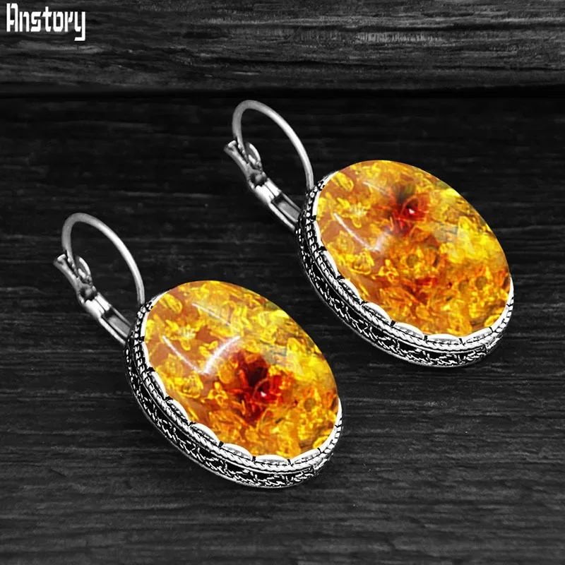 Big Oval Simulated Ambers Earrings Vintage Look Antique Silver Plated Cuff Resin Flower Fashion Jewelry