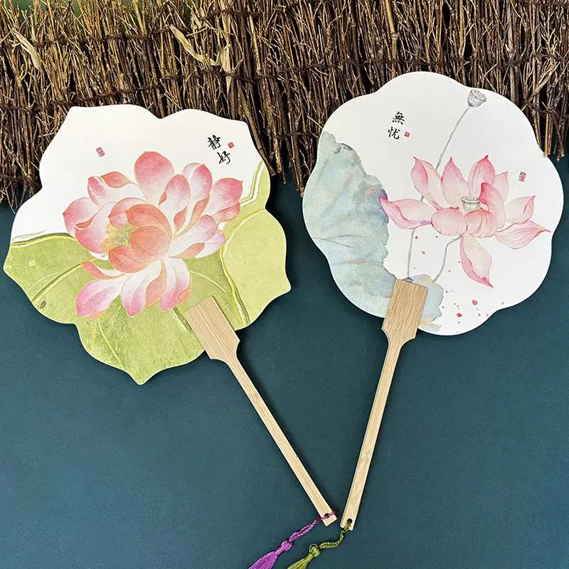 Chinese Traditional Hand Fan in Lotus Shape with Bamboo Handle, Ink Print & Soft Tassel, for Hanfu & Tea Ceremony