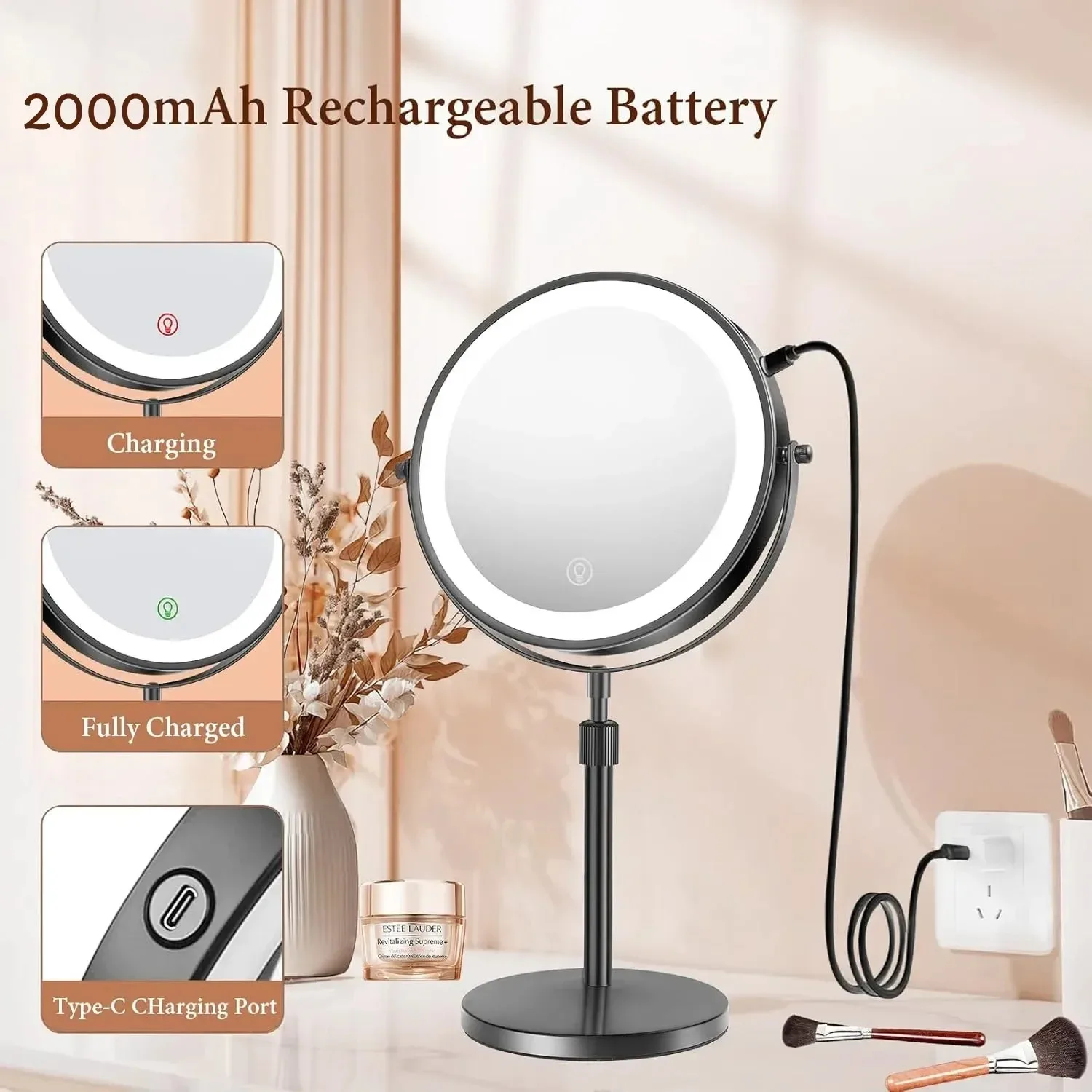 Espelho de vaidade led 3 cores led com altura ajustável em pé 8 Polegada 10x ampliação espelho de maquiagem dupla face