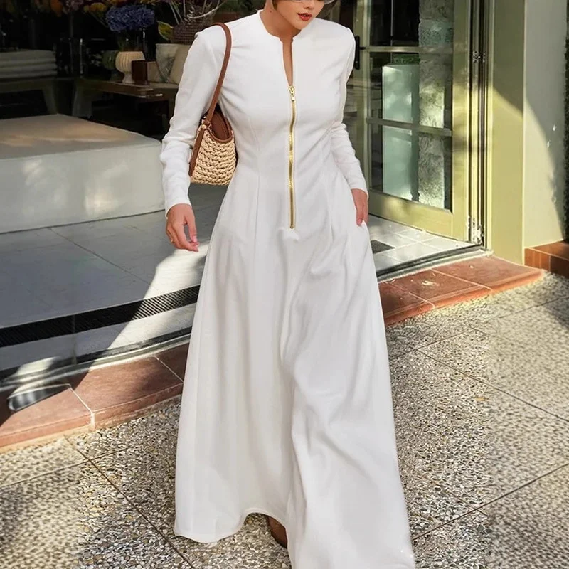 

Zipper Long Dress Woman Pleated Sleeveless Bodycon Dress Spring Fall Elegant Party Dresses For Women 2025 New Midi Dresses