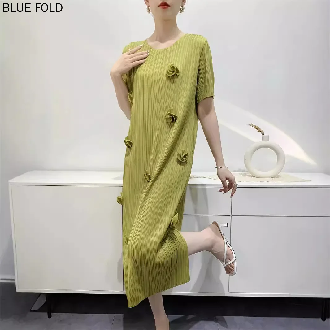 MIYAKE-Robe Plissée pour Femme, Vêtement Simple, Couleur Unie, Orné de Fleurs, Élégant, Slim, Longueur Moyenne, Haute Qualité, Été