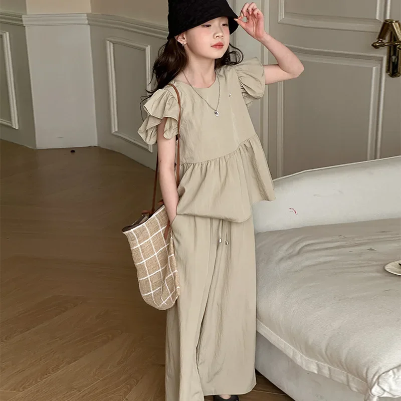 Girls Set 2024 Summer New Childrens Clothing Girls Baby Foreign Style Wooden Ear Edge Top Loose Wide Leg Pants Two-piece Set