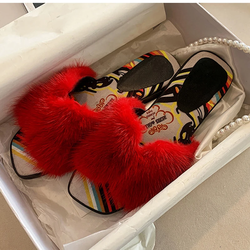 Black White Red Mink Fur Flat Slipper Butterfly Shape Floral Printing Fabric Peep Toe Women Leisure Winter Fur Slide Shoes