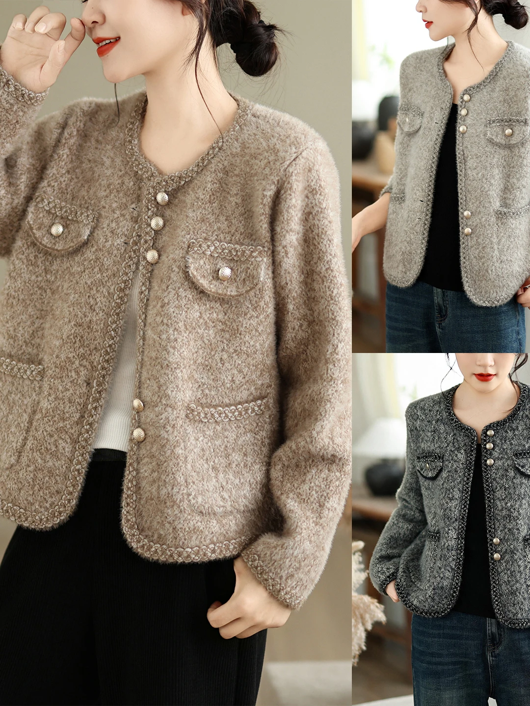 Soft Short Knitted Woolen Jacket Women's Fashion Luxury Style round Neck Button up Casual Home Wear Spring Autumn Winter