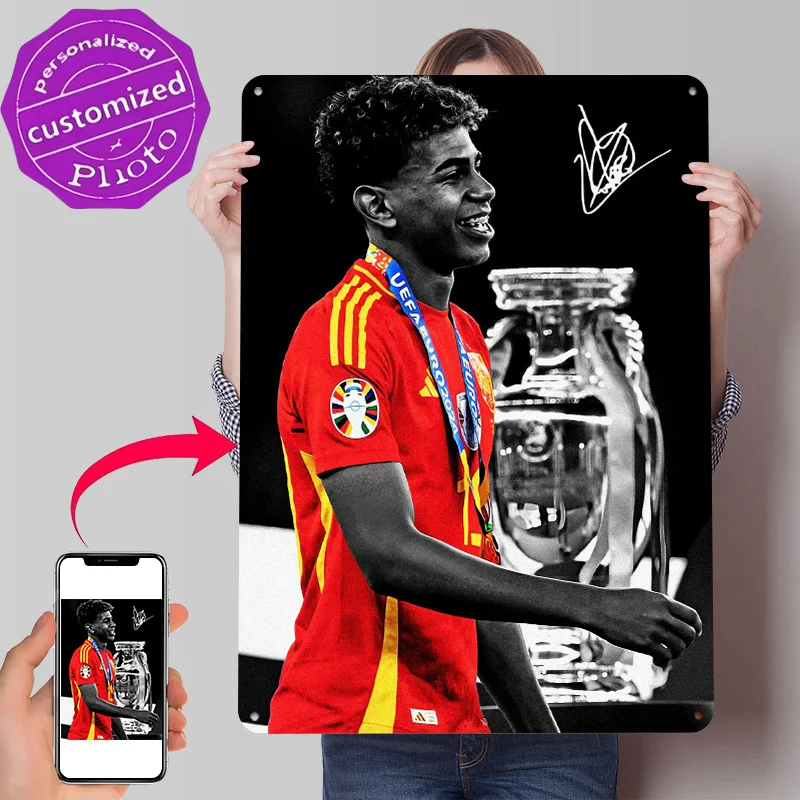 Lamine Soccer Player With Trophy Personalized 3D Textured Metal Poster Wall Art Vintage Tin Signs for Bar Accessories Wand Deko