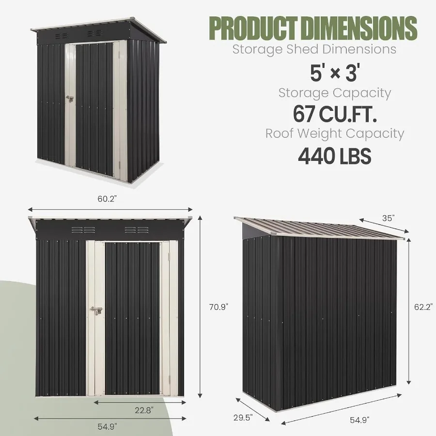 Outdoor storage shed for backyard patio lawn use, galvanized steel construction, gray finish, corrosion-resistant with lockable