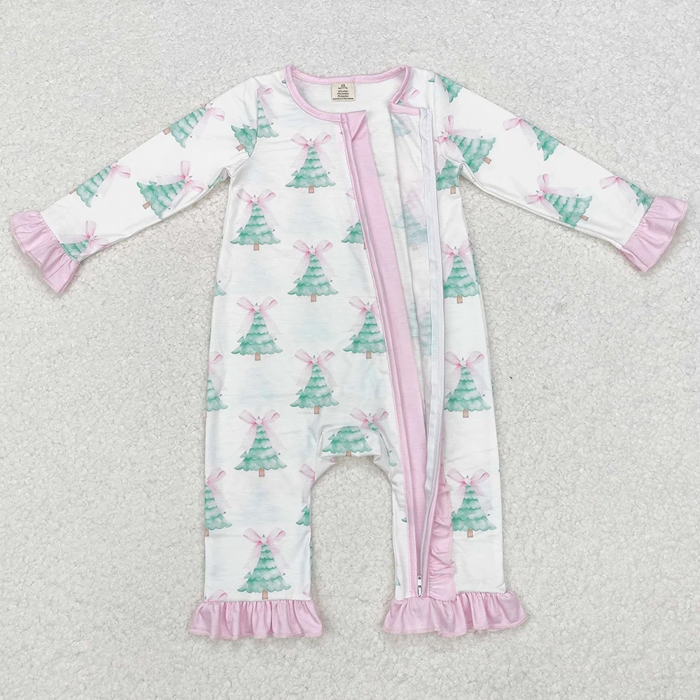 Boutique Baby Infant Girls Romeprs Christmas Tree Pink Bows Bamboo Zip Rompers Fashion Toddler Girls Clothes Long Sleeve Rompers