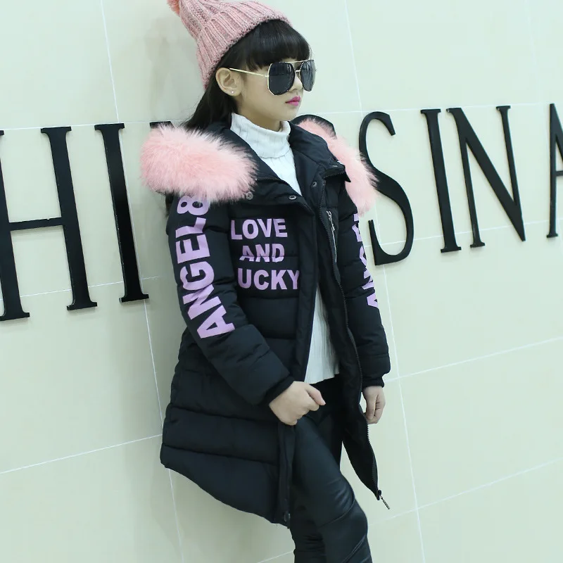 

4 6 8 10 12 Years Teen Kids Parka Keep Warm Autumn Winter Jackets For Girls Fashion Letter Long Coat Hooded Children's Outerwear