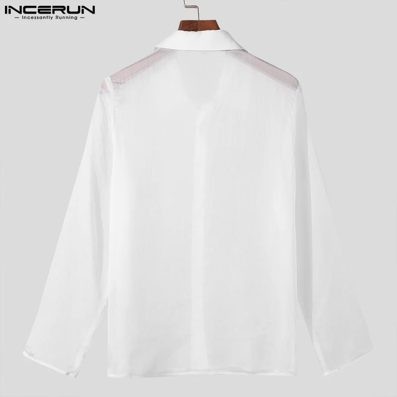 INCERUN Men\'s Shirt Solid Color Transparent Lapel Long Sleeve Casual Men Clothing Streetwear Fashion Leisure Male Shirts S-5XL