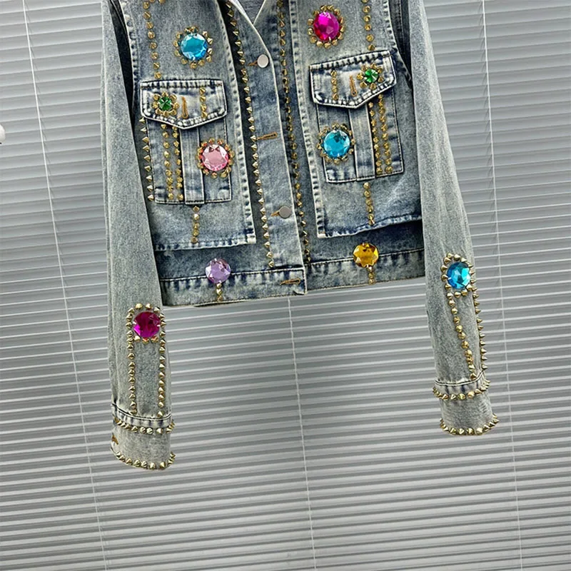 Heavy Work Beaded Rivet Diamond Women Light Blue Denim Jacket Casual Short Jeans Jacket Female Spring Clothes Streetwear Fashion
