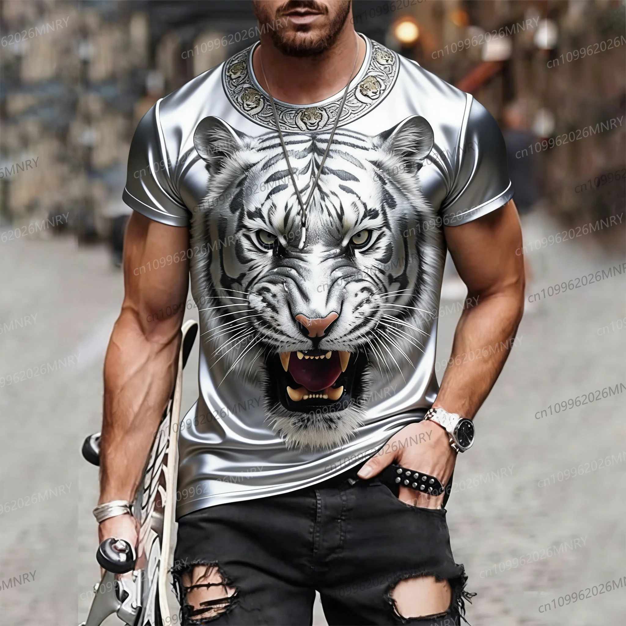 

Мужская футболка с коротким рукавом и 3D-принтом тигра, дышащая, средней эластичности, повседневная модная футболка для отдыха на природе, вечеринок и выходных.