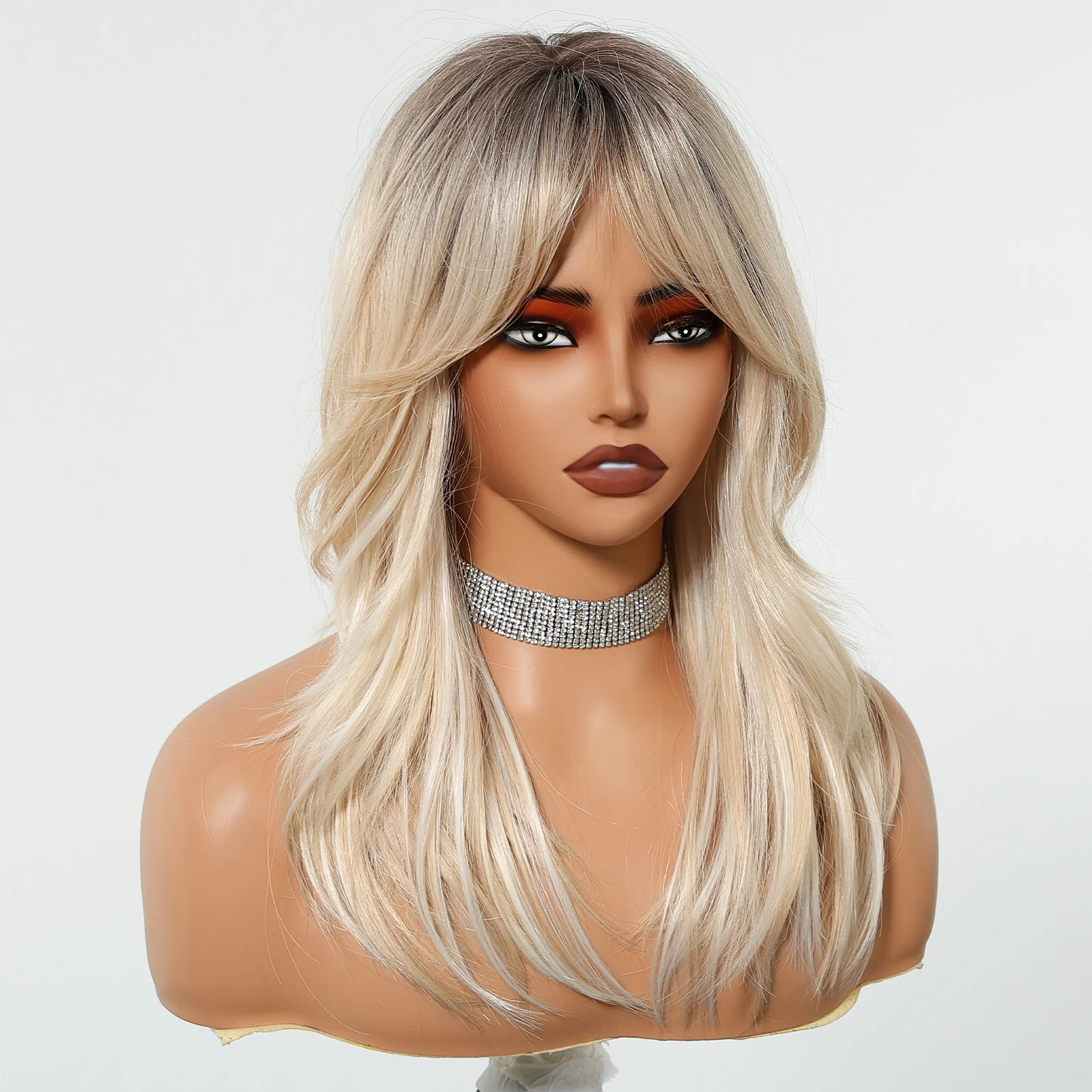 Ombre Platinum Blonde Synthetic Wig with Bangs Medium Length Layered Wigs for Women Natural Cosplay Party Hair Heat Resistant