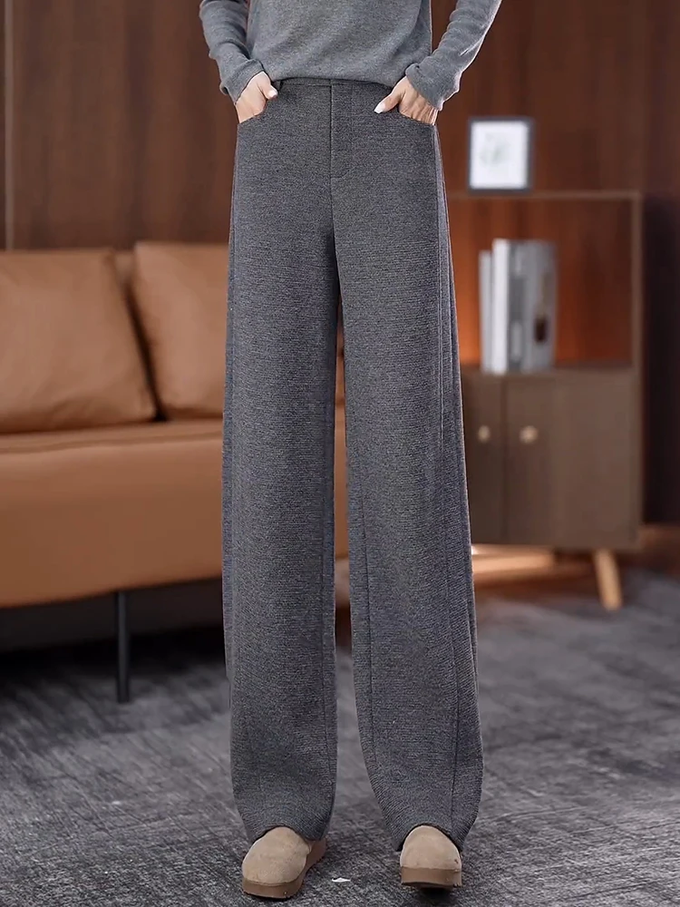 

Gray Woolen Wide Leg Casual Pants Women's Autumn Winter High Waist Fleece Lined Straight Cut Scythe Pants Wool Slim Version