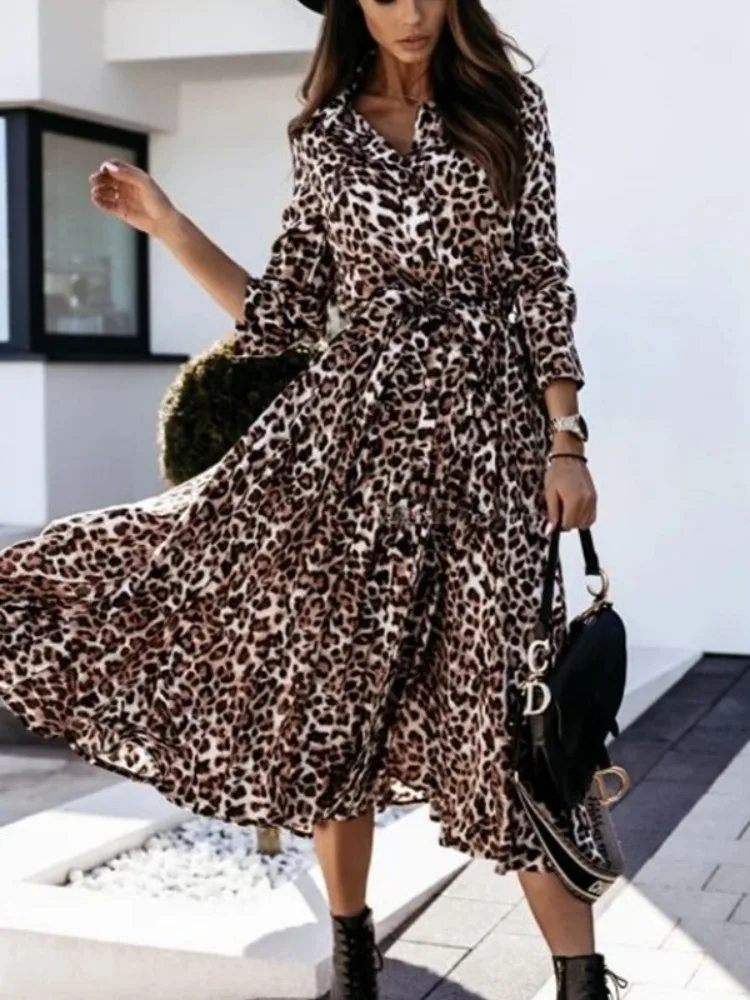 Yeezzi Frauen Sexy Mode Leopard Revers Hemd Kleid Lange Ärmel Mit Knöpfen Split-seite Streetwear Casual A-Line Midi Kleider 2025
