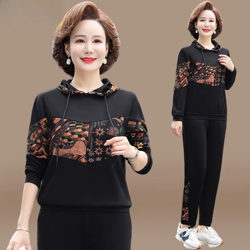 

Модный спортивный костюм для женщин среднего возраста: осенний комплект из двух предметов (свитшот и брюки), весенне-осенняя верхняя одежда