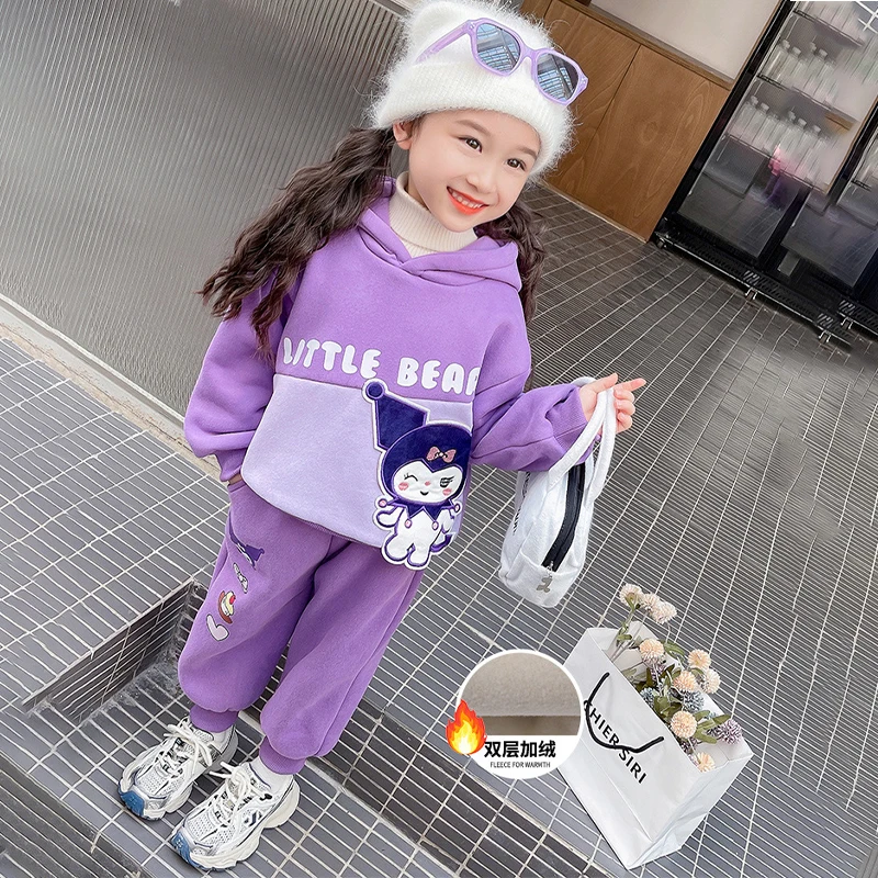 

Sanrio Children Kuromi Plus Velvet Hoodie Suit Winter Pullover Leisure Anime Figure Sportswear Long Sleeves Versatile Kawaii Hot