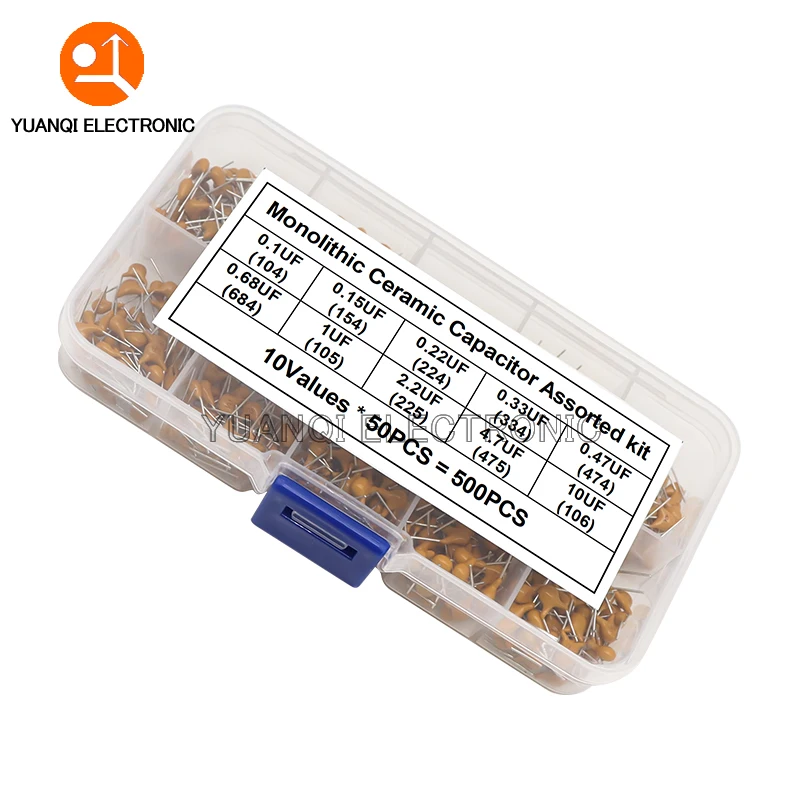 

500PCS Multilayer Ceramic Capacitor Assorted Kit 10Values*50pcs 50V 0.1uF-10uF Monolithic Capacitance Set Sample Pack