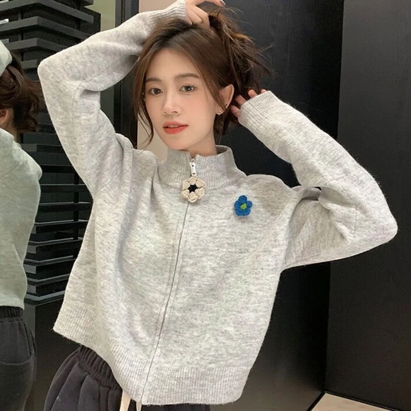 

Autumn Zipper Cardigan for Women Chic 3D Flower Half High Collar Knitwear Coat Woman Korean Streetwear Gray Cardigan Jacket Lady