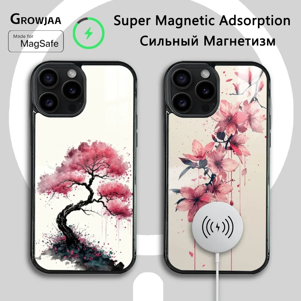 Cherry Blossom Tree Art Phone Case For IPhone 16 15 14 13 12 11 Pro Max Plus Mini Magsafe Mirror Wireless Magnetic Funda