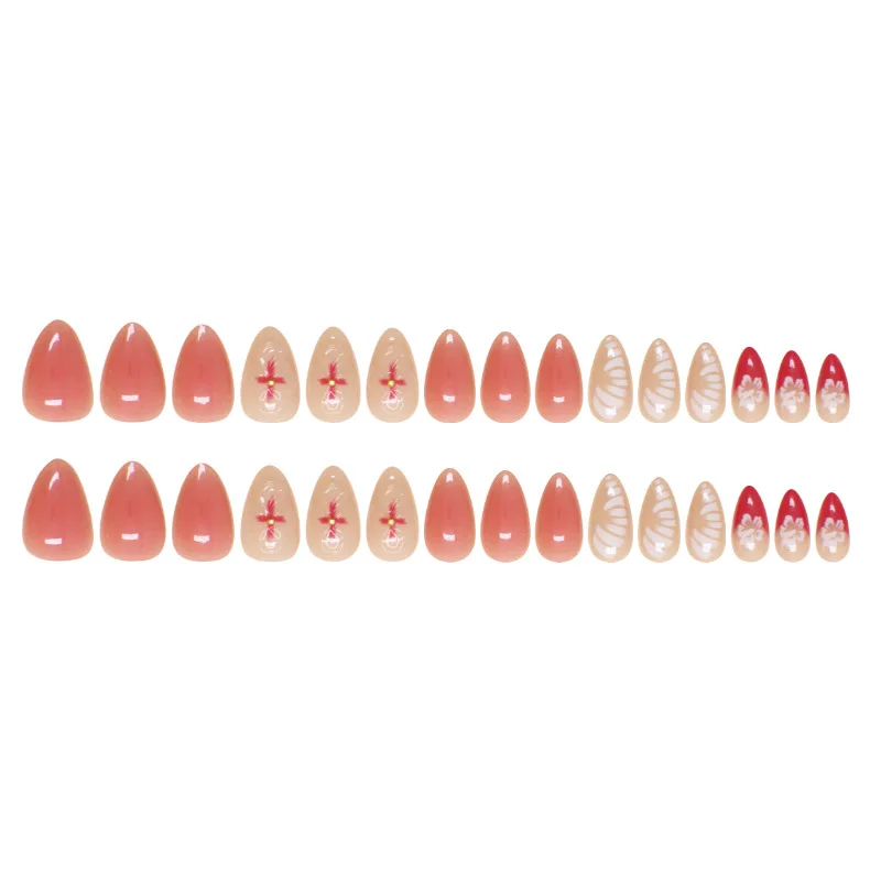 ที่ติดเล็บแบบกดสีชมพูบลัชออนสำหรับผู้หญิงหญิงสาว24ชิ้นแผ่นติดเล็บปลอมสไตล์ฝรั่งเศสลายดอกไม้3D เล็บปลอมปลอมสำหรับตกแต่ง