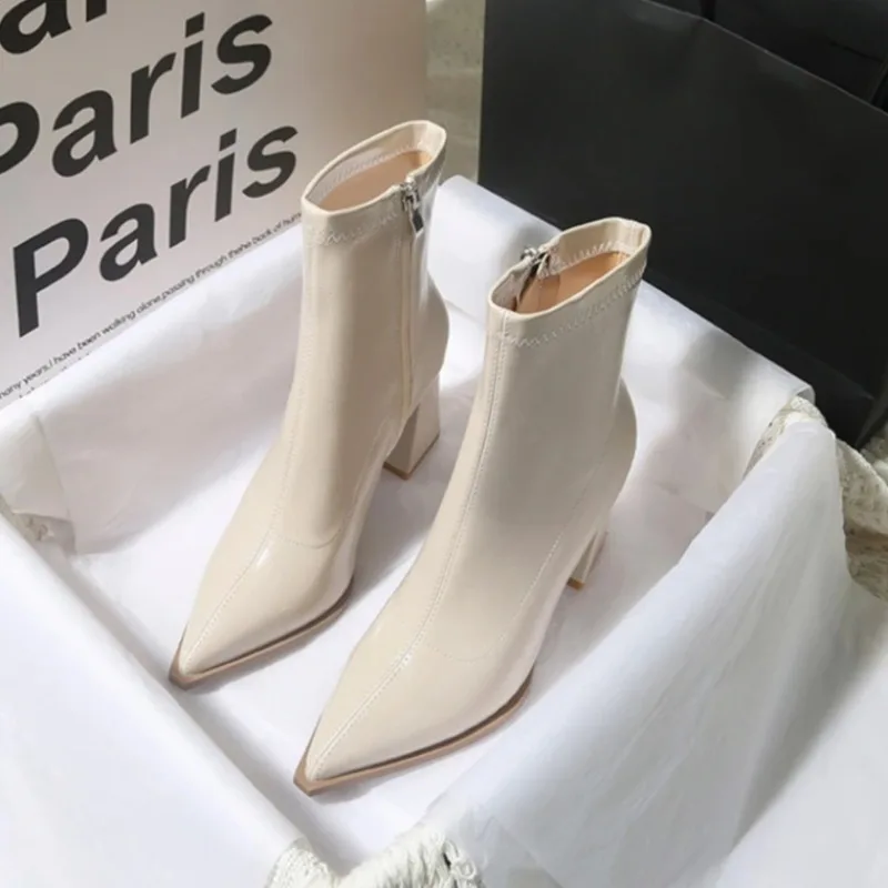 

Women's Boots French Style Pointed Tip Ankle Boots Luxury Patent Leather High Heeled Boots for Woman Designer Shoes Botas Mujer